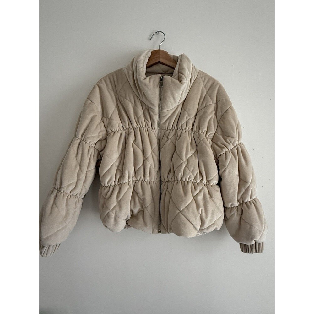 ✿ Sadie & Sage Beige Quilted Puffer Jacket Lace Detail Women’s Small Soft Chic